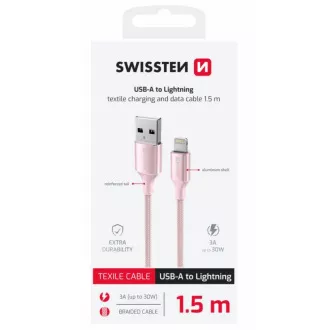 SWISSTEN DÁTOVÝ KÁBEL TEXTILE II USB / LIGHTNING 1,5 M RUŽOVÝ
