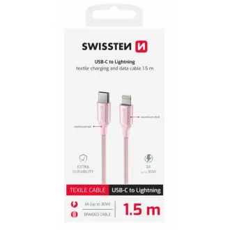 SWISSTEN DÁTOVÝ KÁBEL TEXTILE II USB-C / LIGHTNING 1,5 M RUŽOVÝ