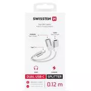 SWISSTEN NABÍJACÍ AUDIO ADAPTÉR TEXTILE USB-C (samec) / 2x USB-C (samica) 0,12 M BIELÝ