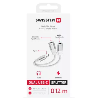 SWISSTEN NABÍJACÍ AUDIO ADAPTÉR TEXTILE USB-C (samec) / 2x USB-C (samica) 0,12 M BIELÝ