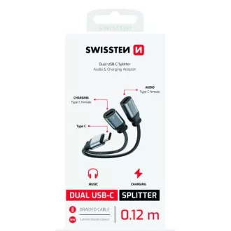 SWISSTEN NABÍJACÍ AUDIO ADAPTÉR TEXTILE USB-C (samec) / 2x USB-C (samica) 0,12 M ČIERNY SWISSTEN NABÍJACÍ AUDIO ADAPTÉR TEXTILE USB-C (samec) / 2x USB-C (samica) 0,12 M ČIERNY