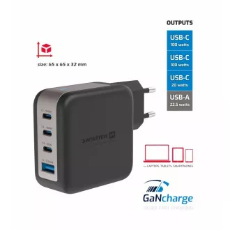 SWISSTEN SIEŤOVÝ ADAPTÉR GaN 3x USB-C 100W PD + 1x USB-A 18W QC ČIERNY