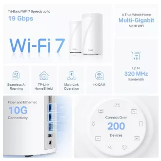 TP-Link Deco BE85(1-pack) BE19000 Trojpásmový systém Mesh WiFi 7, 1x 10GLAN, 2x 2.5GLAN, 1x 10GLAN/SFP+, USB, 2,4/5/6GHz, HomeShiel
