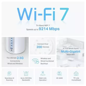 TP-Link Deco BE65(1-pack) BE9300 Trojpásmový systém Mesh WiFi 7 pre celú domácnosť, 4x 2.5GLAN, USB, 2,4/5/6GHz, HomeShi