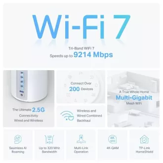 TP-Link Deco BE65(3-pack) BE9300 Trojpásmový systém Mesh WiFi 7 pre celú domácnosť, 4x 2.5GLAN, USB, 2,4/5/6GHz, HomeShi