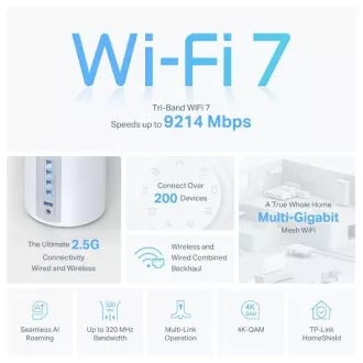 TP-Link Deco BE65(3-pack) BE9300 Trojpásmový systém Mesh WiFi 7 pre celú domácnosť, 4x 2.5GLAN, USB, 2,4/5/6GHz, HomeShi