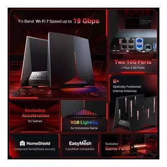 TP-Link Archer GE800 - BE19000, 1x10GLAN, 2x2,5 GLAN, 4xLAN, 1x USB 3.0, trojpásmový herný Wi-Fi 7 router, HomeShiel ™, EasyMesh ™