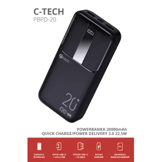 Powerbanka C-tech 20000mAh, Li-Pol, 22,5 W, USB-C/USB-A/micro USB Powerbanka C-tech 20000mAh, Li-Pol, 22,5 W, USB-C/USB-A/micro USB