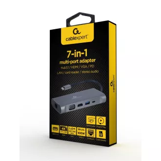 Gembird USB-C 7v1 multiport USB 3.0 + HDMI + VGA + PD + čítačka kariet + stereo audio Gembird USB-C 7v1 multiport USB 3.0 + HDMI + VGA + PD + čítačka kariet + stereo audio