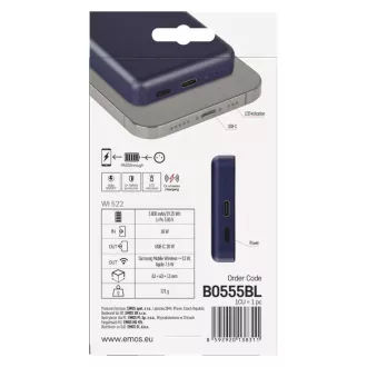 EMOS POWERBANKA WI 522, bezdrôtové nabíjanie 20W, 5.000mAh, MODRÁ, 1xUSB-C