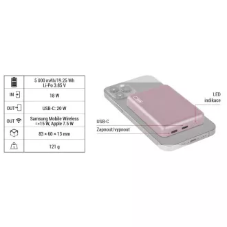 EMOS POWERBANKA WI 522, bezdrôtové nabíjanie 20W, 5.000mAh, LOSOSOVÁ, 1xUSB-C