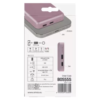 EMOS POWERBANKA WI 522, bezdrôtové nabíjanie 20W, 5.000mAh, LOSOSOVÁ, 1xUSB-C
