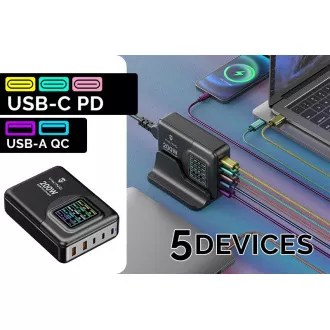 Viking USB GaN charger 200W PD PRO/sieťový adaptér/Output:3xUSB-C,2xUSB-A/Rýchlo nabíjania/