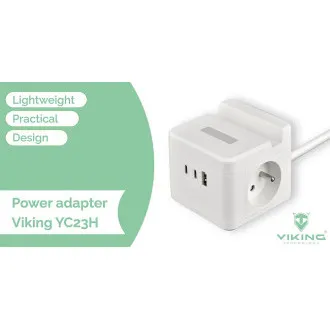 Sieťový adaptér VIKING YC23H, biela/Output:2xAC,1xUSB-A,2xUSB-C/držiak na mobil/LED svetlo/1,4m kábel