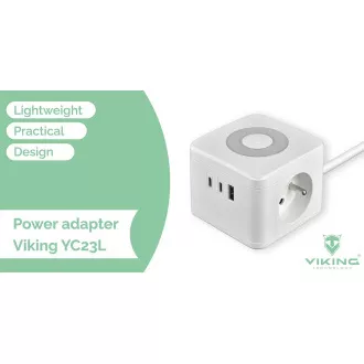 Sieťový adaptér VIKING YC23L, čierna/Output:2xAC,1xUSB-A,2xUSB-C/dotykové LED svetlo/1,4m kábel