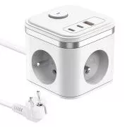 Sieťový adaptér VIKING YC33, biela/Output: 3xAC, 1xUSB-A, 2xUSB-C/Tlačidlo ON/OFF/1,4m kábel