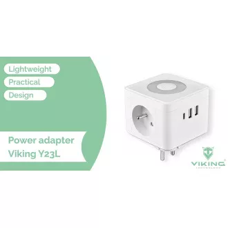 Sieťový adaptér VIKING Y23L, biela/Output:2xAC,1xUSB-A,2xUSB-C/dotykové LED svetlo