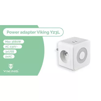 Sieťový adaptér VIKING Y23L, biela/Output:2xAC,1xUSB-A,2xUSB-C/dotykové LED svetlo