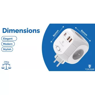 Sieťový adaptér Viking AC43/Output: 4xAC, 2xUSB-A, 1xUSB-C/výkon až 3500W/ ON/OFF tlačidlo