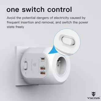 Sieťový adaptér Viking AC43/Output: 4xAC, 2xUSB-A, 1xUSB-C/výkon až 3500W/ ON/OFF tlačidlo