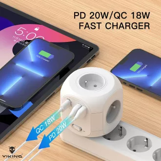 Sieťový adaptér Viking AC43/Output: 4xAC, 2xUSB-A, 1xUSB-C/výkon až 3500W/ ON/OFF tlačidlo