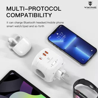 Sieťový adaptér Viking AC43/Output: 4xAC, 2xUSB-A, 1xUSB-C/výkon až 3500W/ ON/OFF tlačidlo