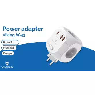 Sieťový adaptér Viking AC43/Output: 4xAC, 2xUSB-A, 1xUSB-C/výkon až 3500W/ ON/OFF tlačidlo
