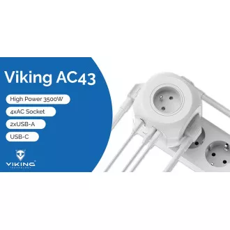 Sieťový adaptér Viking AC43/Output: 4xAC, 2xUSB-A, 1xUSB-C/výkon až 3500W/ ON/OFF tlačidlo