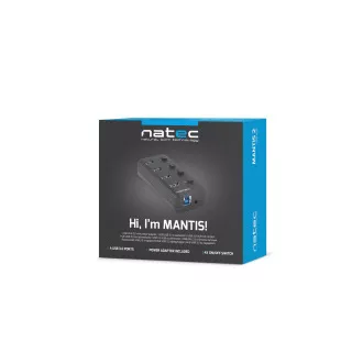 Natec Mantis 2 aktívny rozbočovač s funkciou nabíjania 4x USB 3.0 HUB, vypínač, napájací adaptér