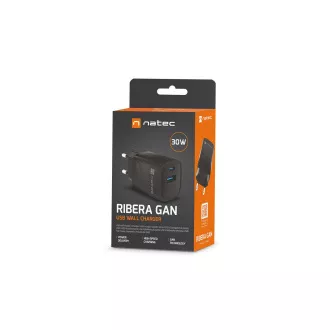 Univerzálna USB nabíjačka Natec RIBERA GaN 30 W, 1X USB-A, 1X USB-C, čierna