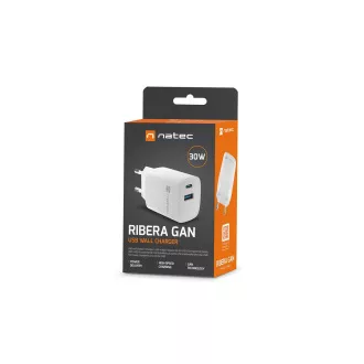 Univerzálna USB nabíjačka Natec RIBERA GaN 30W, 1X USB-A, 1X USB-C, Biela