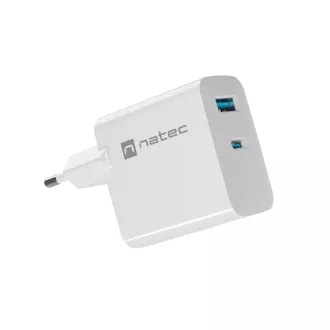 Univerzálna USB nabíjačka Natec RIBERA GaN 45W, 1X USB-A, 1X USB-C, biela