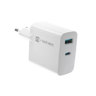 Univerzálna USB nabíjačka Natec RIBERA GaN 45W, 1X USB-A, 1X USB-C, biela