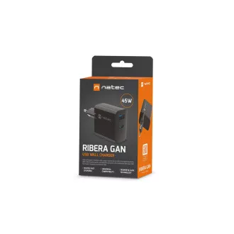 Univerzálna USB nabíjačka Natec RIBERA GaN 45W, 1X USB-A, 1X USB-C, čierna