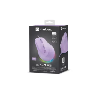 Vertikálna myš Natec CRAKE 2 PRO/Vertikálna/Optická/Pre pravákov/12 400 DPI/Drôtové USB-A/Fialová
