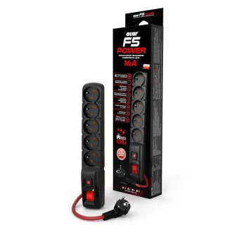 Acar F5 10m kábel, 5 zásuviek, prepäťová ochrana, max.prúd 16A, čierny Acar F5 10m kábel, 5 zásuviek, prepäťová ochrana, max.prúd 16A, čierny