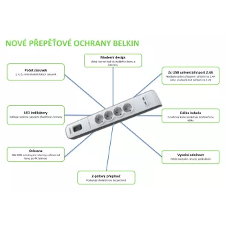 BELKIN SurgeStrip prep.ochrana, 4 zásuvky, 525J, 2M BELKIN SurgeStrip prep.ochrana, 4 zásuvky, 525J, 2M