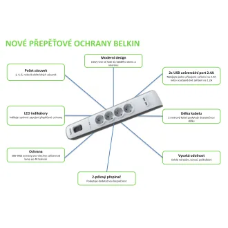 BELKIN SurgeStrip prep.ochrana, 4 zásuvky, 525J, 2M BELKIN SurgeStrip prep.ochrana, 4 zásuvky, 525J, 2M