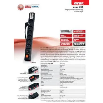 Acar USB 3m kábel 6 zásuviek 2xUSB prep.ochr.čierny Acar USB 3m kábel 6 zásuviek 2xUSB prep.ochr.čierny