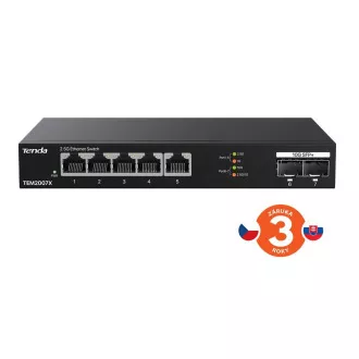 Tenda TEM2007X - Multi-gigabit switch, 5x 2.5G RJ45 + 2x 10G SFP+ port, MAC 16K, ochrana 6kV Tenda TEM2007X - Multi-gigabit switch, 5x 2.5G RJ45 + 2x 10G SFP+ port, MAC 16K, ochrana 6kV