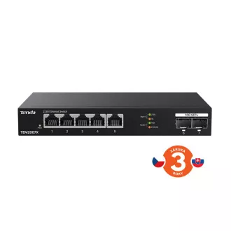 Tenda TEM2007X - Multi-gigabit switch, 5x 2.5G RJ45 + 2x 10G SFP+ port, MAC 16K, ochrana 6kV Tenda TEM2007X - Multi-gigabit switch, 5x 2.5G RJ45 + 2x 10G SFP+ port, MAC 16K, ochrana 6kV