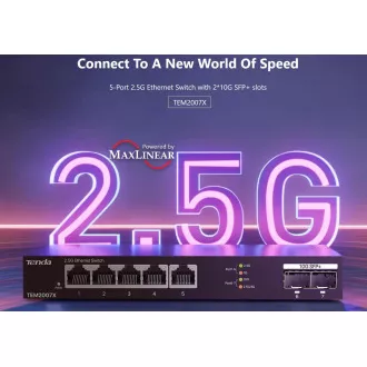 Tenda TEM2007X - Multi-gigabit switch, 5x 2.5G RJ45 + 2x 10G SFP+ port, MAC 16K, ochrana 6kV Tenda TEM2007X - Multi-gigabit switch, 5x 2.5G RJ45 + 2x 10G SFP+ port, MAC 16K, ochrana 6kV
