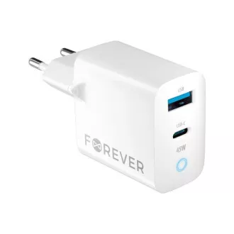 Rýchlonabíjačka do siete Forever GaN TC-06-45AC GaN PD QC 1x USB-C 1x USB 45W biela Rýchlonabíjačka do siete Forever GaN TC-06-45AC GaN PD QC 1x USB-C 1x USB 45W biela