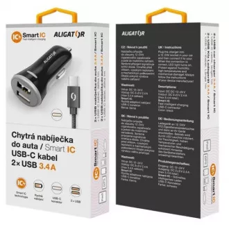 ALIGATOR Chytrá nabíjačka do auta 3.4A, 2xUSB, smart IC, čierna, USB-C kábel