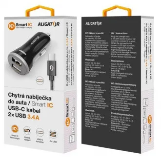 ALIGATOR Chytrá nabíjačka do auta 3.4A, 2xUSB, smart IC, čierna, USB-C kábel ALIGATOR Chytrá nabíjačka do auta 3.4A, 2xUSB, smart IC, čierna, USB-C kábel