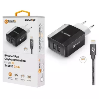 Múdra sieťová nabíjačka ALIGATOR 3.4A, 2xUSB, smart IC, čierna, kábel pre iPhone/iPad 2A