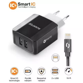 Múdra sieťová nabíjačka ALIGATOR 3.4A, 2xUSB, smart IC, čierna, kábel pre iPhone/iPad 2A