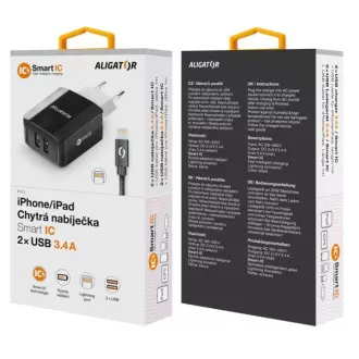 Múdra sieťová nabíjačka ALIGATOR 3.4A, 2xUSB, smart IC, čierna, kábel pre iPhone/iPad 2A