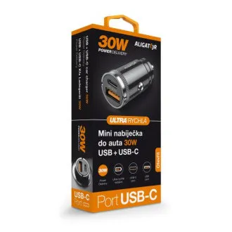 Aligator mini nabíjačka do auta Power Delivery 30W, USB-C + USB-A Aligator mini nabíjačka do auta Power Delivery 30W, USB-C + USB-A