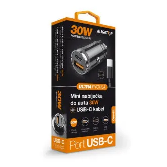 Aligator mini nabíjačka do auta Power Delivery 30W, USB-C + USB-A, USB-C/USB-C kábel Aligator mini nabíjačka do auta Power Delivery 30W, USB-C + USB-A, USB-C/USB-C kábel